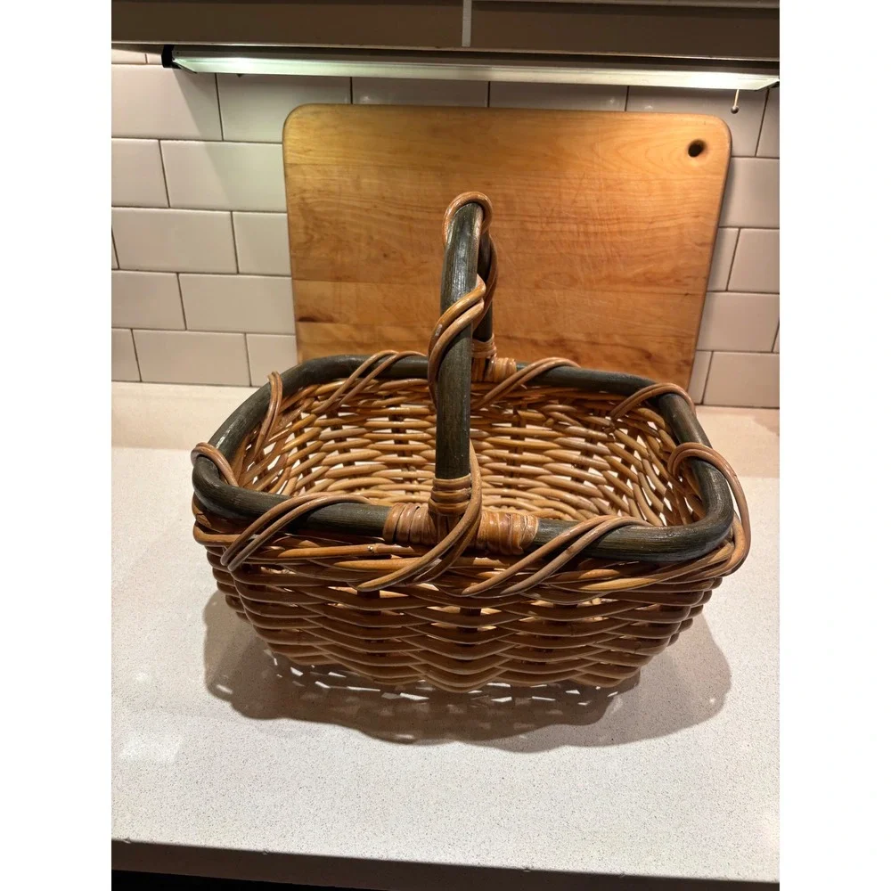 Vintage Woven Wicker Picnic Basket Two-Tone Green Handle Rectangular Farmhouse